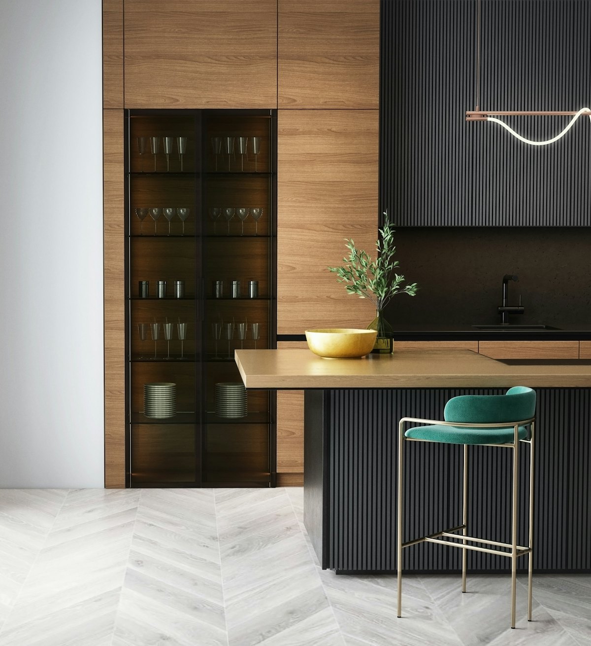 Dark fluted cabinetry, warm oak panelling and a brass bowl